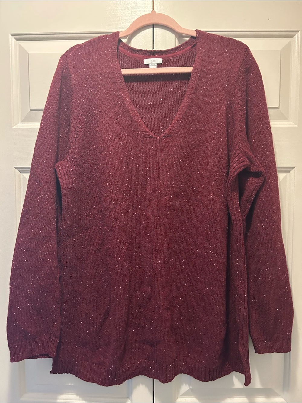 J. Jill Women’s Oversized Cozy V-Neck Sweater Burgundy Speckled Cotton, Size L